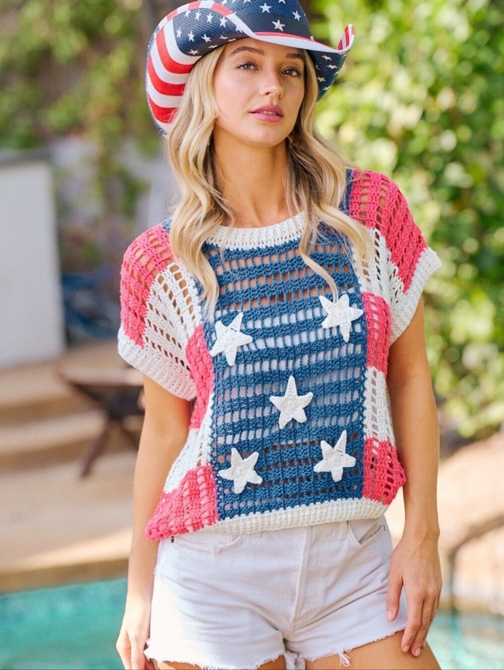 BiBi Crochet Star-Accent Crop Top in Red, White & Blue sz XL